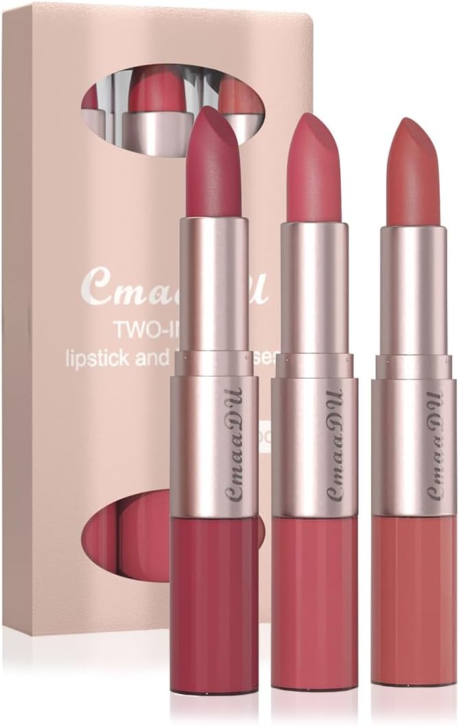3 Pcs 2 in 1 Lipstick and Lip Gloss Set, Matte Velvet Double Headed High Pigmented Lipstick Gift Set, Waterproof Long Lasting Lip Makeup Gift Set for Women Bean Paste Red/Peach Pink/Bean Paste Pink