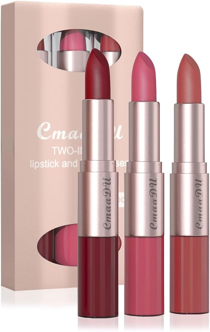 3 Pcs 2 in 1 Lipstick and Lip Gloss Set, Matte Velvet Double Headed High Pigmented Lipstick Gift Set, Waterproof Long Lasting Lip Makeup Gift Set for Women Bean Paste Red/Peach Pink/Bean Paste Pink