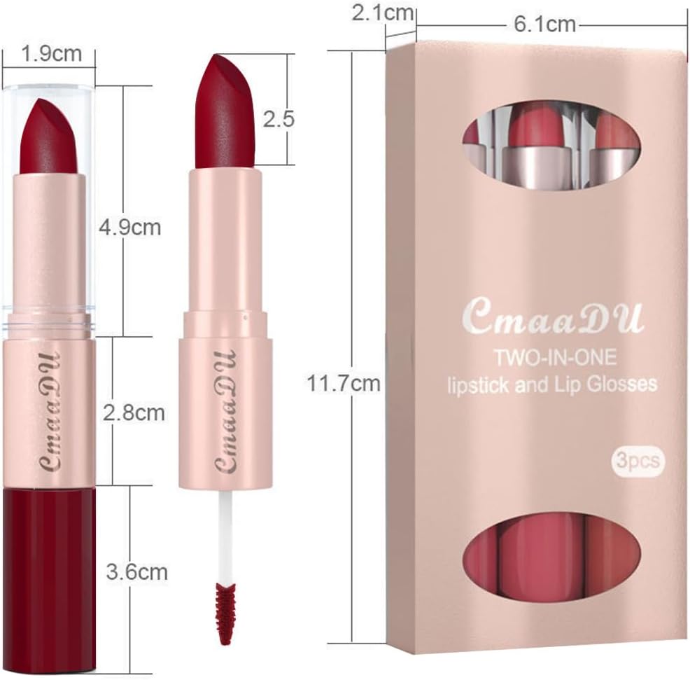 3 Pcs 2 in 1 Lipstick and Lip Gloss Set, Matte Velvet Double Headed High Pigmented Lipstick Gift Set, Waterproof Long Lasting Lip Makeup Gift Set for Women Bean Paste Red/Peach Pink/Bean Paste Pink