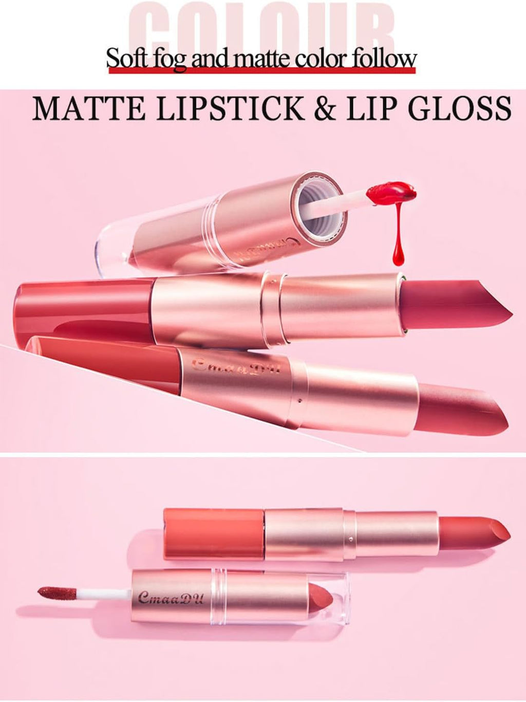 3 Pcs 2 in 1 Lipstick and Lip Gloss Set, Matte Velvet Double Headed High Pigmented Lipstick Gift Set, Waterproof Long Lasting Lip Makeup Gift Set for Women Bean Paste Red/Peach Pink/Bean Paste Pink