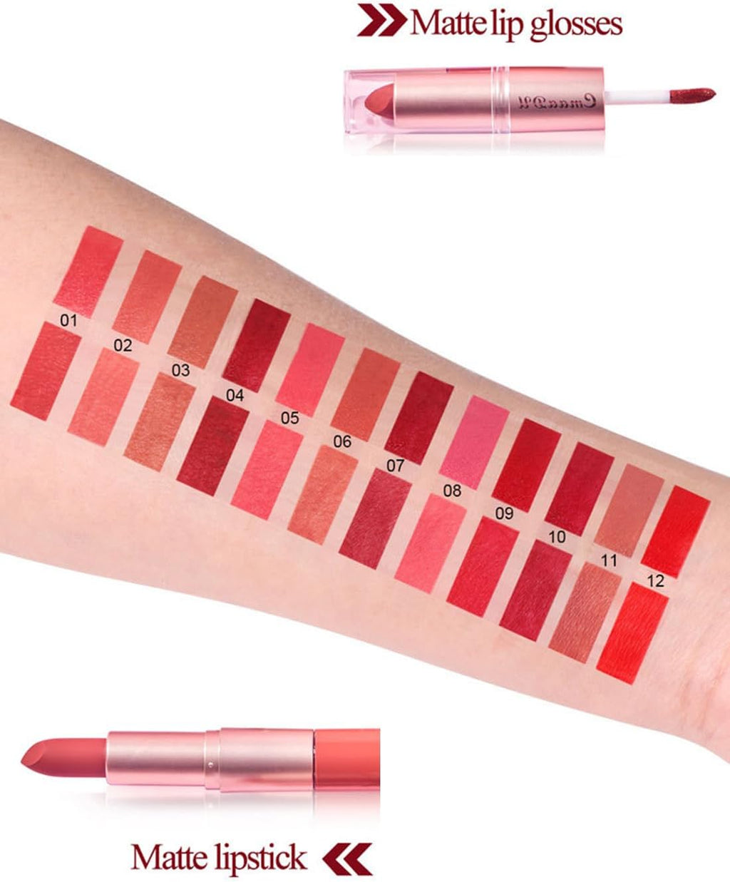 3 Pcs 2 in 1 Lipstick and Lip Gloss Set, Matte Velvet Double Headed High Pigmented Lipstick Gift Set, Waterproof Long Lasting Lip Makeup Gift Set for Women Bean Paste Red/Peach Pink/Bean Paste Pink