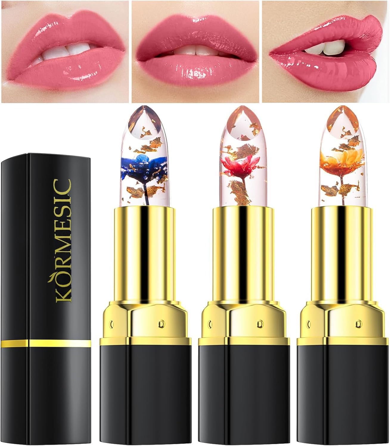 Crystal Flower Lip Jelly Set, 3 Colors (Rose Blood, Magic Blue, Rose Tears), Moisturizing, Beeswax & Vitamin E, Non-Sticky Formula, Color-Changing