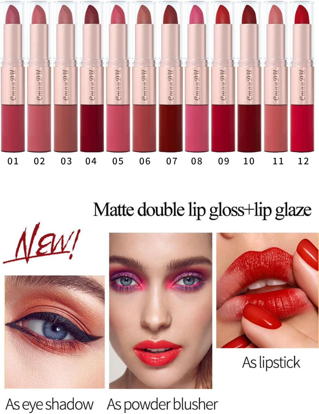 3 Pcs 2 in 1 Lipstick and Lip Gloss Set, Matte Velvet Double Headed High Pigmented Lipstick Gift Set, Waterproof Long Lasting Lip Makeup Gift Set for Women Bean Paste Red/Peach Pink/Bean Paste Pink